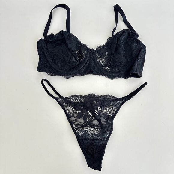 Vintage Victorias Secret Lingerie Set 36B Black Lace Sheer Bra G String Panty - Picture 1 of 12